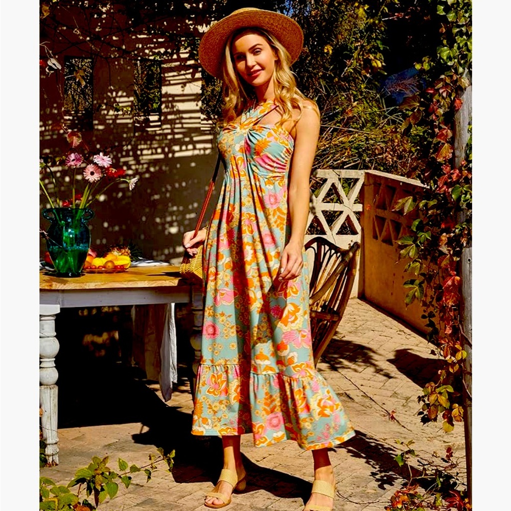 Grace Karin Retro Floral Halter Maxi Dress - Size Small